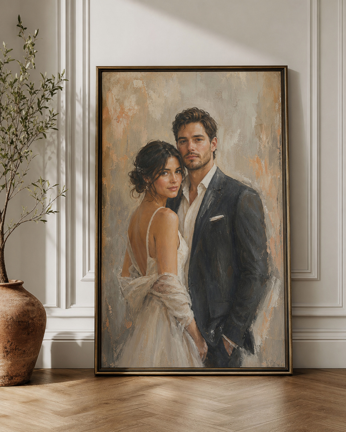 Framed custom oil portrait of a couple