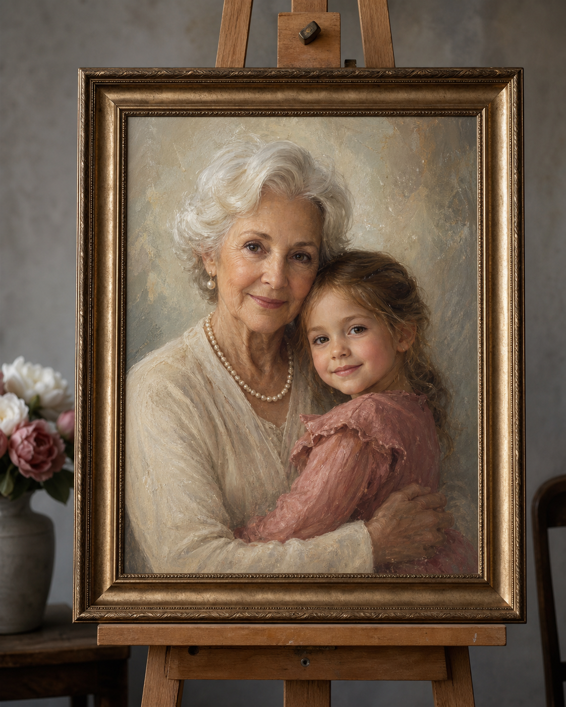 Custom heirloom oil painting of grandmother and child